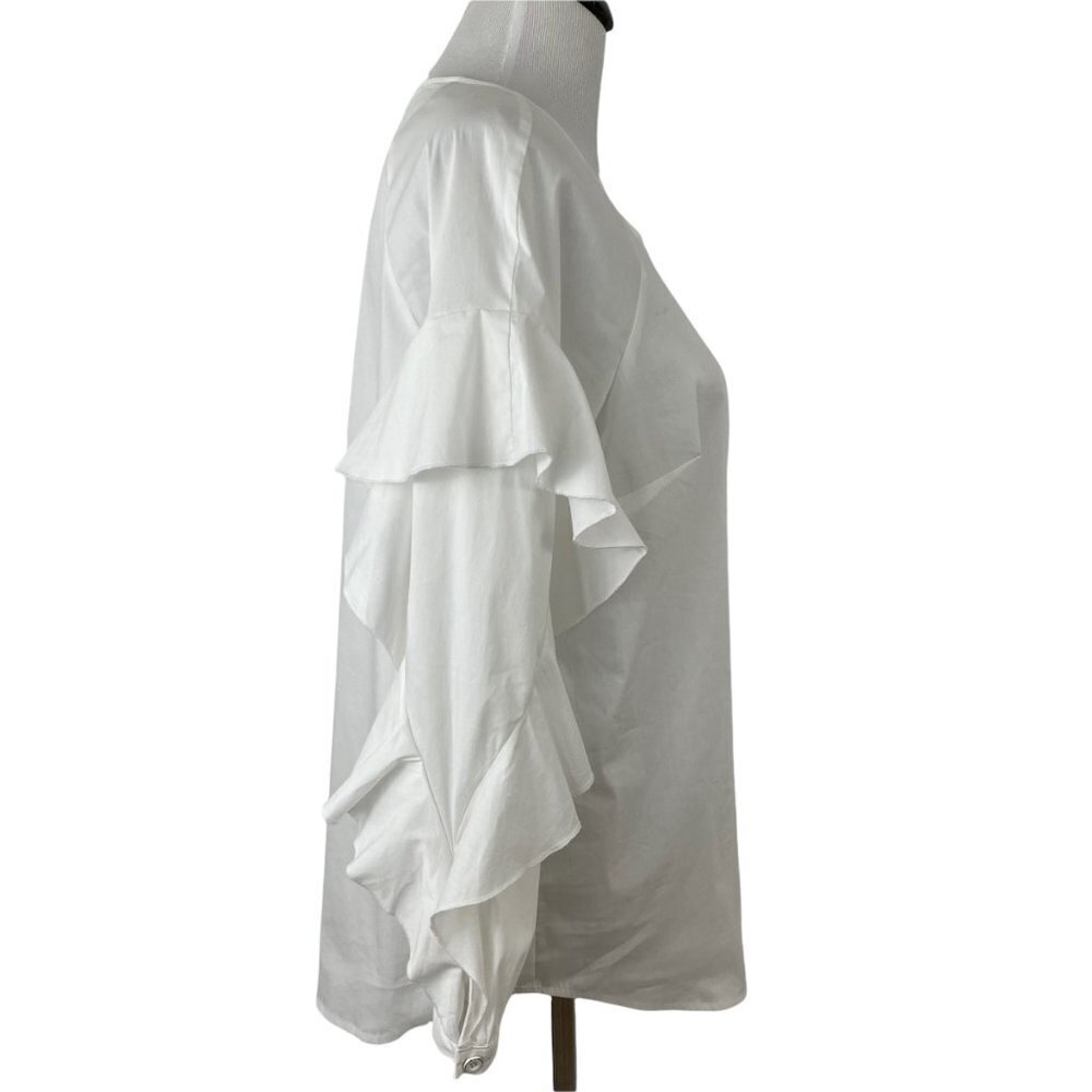 Splendid White Round Neck Button-Placket Ruffle-Sleeve Poplin Shirt Womens Large - Picture 3 of 11